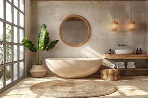 White bathroom interior with plants and flower. photo