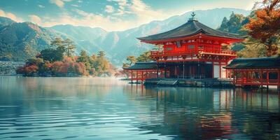 beautiful pagoda and lake fall colors in Japan. photo