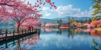 Colorful sakura Season and Mountain Fuji with morning fog . photo