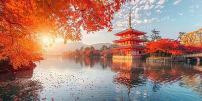 Fuji Mountain and Maple Leaves in Autumn, Japan. photo