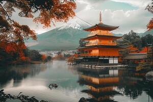 Fuji Mountain and Maple Leaves with Morning Mist in Autumn, Japan. photo