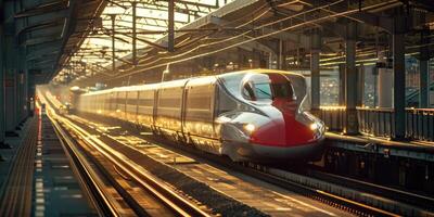 Bullet Train speeding through a railway station in Tokyo, Japan. photo