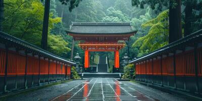 red torii gate going upstairs. photo