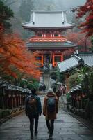 couple traveling in Japan, visiting temple. photo