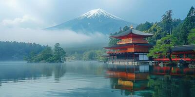 Fuji Mountain and Maple Leaves with Morning Mist in Autumn, Japan. photo