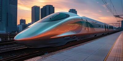 Bullet Train speeding through a railway station in Tokyo, Japan. photo