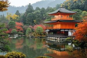 beautiful pagoda and lake fall colors in Japan. photo