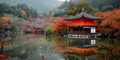 beautiful pagoda and lake fall colors in Japan. photo