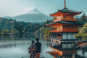 couple traveling in Japan, visiting temple. photo