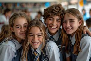 group of 4 smiling teenage students wearing uniform standing in classroom. photo