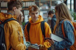 group of students discussing study standing in classroom. photo
