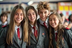 group of 4 smiling teenage students wearing uniform standing in classroom. photo