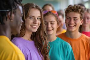group of students discussing study standing in classroom. photo