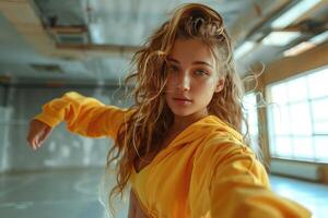 woman dancing breakdance in dancing studio. photo
