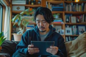 Handsome Asian man using digital tablet sitting on sofa at home. photo