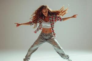 woman dancing breakdance in dancing studio. photo