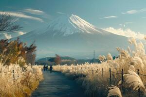Fuji Mountain with clouds and field, Japan. photo