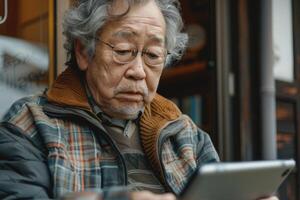 Handsome Asian man using digital tablet sitting on sofa at home. photo