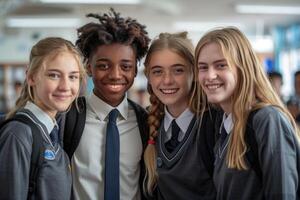 group of 4 smiling teenage students wearing uniform standing in classroom. photo