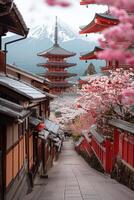 view of Kyoto street and pagoda in sakura season. photo