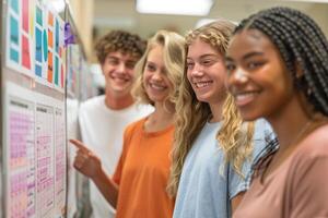 group of smiling teenage students wearing bright clothes standing in classroom. photo