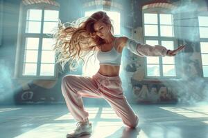 woman dancing breakdance in dancing studio. photo