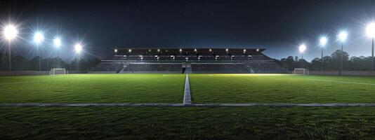 empty stadium with grass field bright and lights in the background at night time photo
