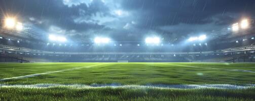 empty stadium with grass field bright and lights in the background at night time photo
