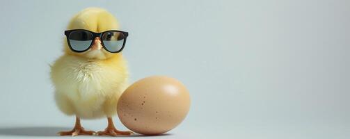 yellow chick with sunglasses on white background standing next to an egg, photo