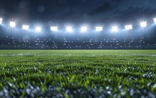 empty stadium with grass field bright and lights in the background at night time photo