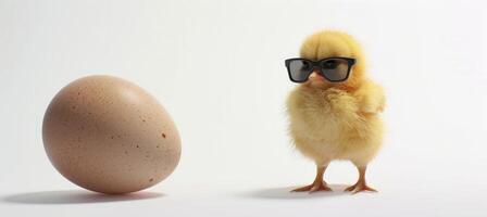 yellow chick with sunglasses on white background standing next to an egg, photo