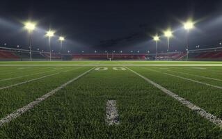 empty stadium with grass field bright and lights in the background at night time photo