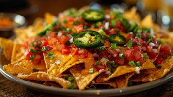 Close-up of a delicious plate of nachos topped with cheese, jalapenos, and salsa photo