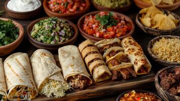 Table set with a variety of Mexican antojitos appetizers like quesadillas and flautas photo