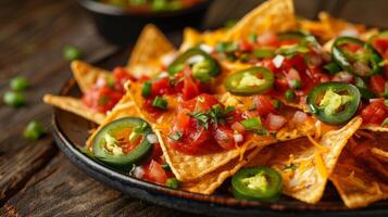 Close-up of a delicious plate of nachos topped with cheese, jalapenos, and salsa photo