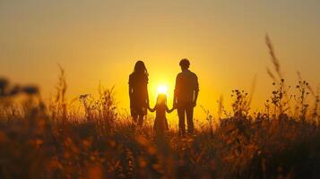 Silhouette of a family watching the sunset together, creating a warm and loving atmosphere photo