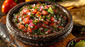 Spicy and flavorful Mexican salsa served in a traditional clay bowl photo