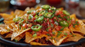 Close-up of a delicious plate of nachos topped with cheese, jalapenos, and salsa photo