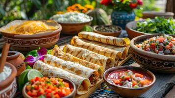 Table set with a variety of Mexican antojitos appetizers like quesadillas and flautas photo