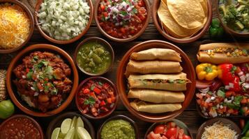 Colorful array of traditional Mexican dishes including tacos, tamales, and enchiladas photo