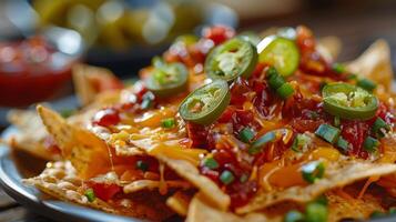 Close-up of a delicious plate of nachos topped with cheese, jalapenos, and salsa photo