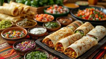 Table set with a variety of Mexican antojitos appetizers like quesadillas and flautas photo