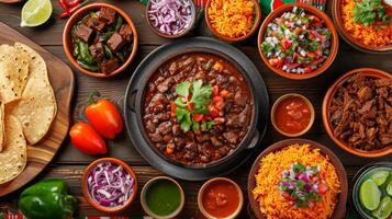 Festive table set with Mexican dishes for a celebration, including mole poblano and rice photo