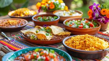 Festive table set with Mexican dishes for a celebration, including mole poblano and rice photo