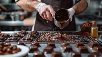 A skilled chocolatier in a modern kitchen pouring melted chocolate into molds, with tools and ingredients around photo