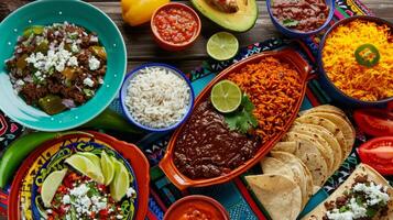 Festive table set with Mexican dishes for a celebration, including mole poblano and rice photo