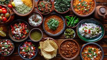 Festive table set with Mexican dishes for a celebration, including mole poblano and rice photo