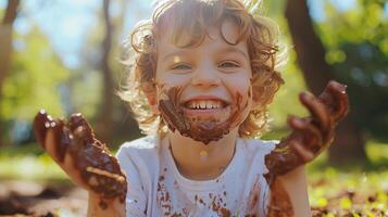 A child with chocolate-smeared hands and face enjoying a chocolate bar in a sunny park photo
