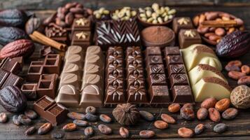 A close-up of various artisanal chocolates arranged aesthetically on a wooden table surrounded by cocoa beans and cacao pods photo