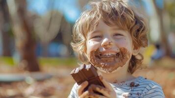 A child with chocolate-smeared hands and face enjoying a chocolate bar in a sunny park photo
